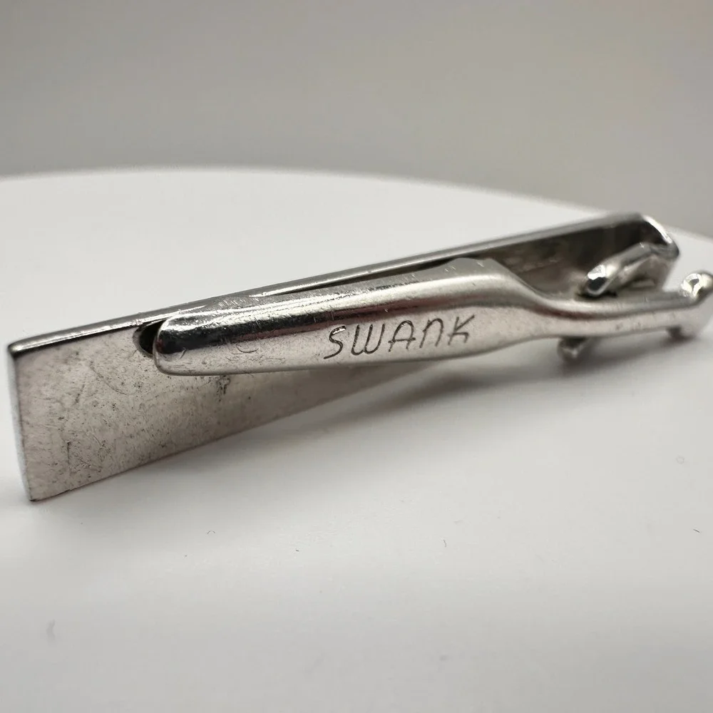 Vintage Swank Silver Tone Fleur De‎ Lis Cufflinks & Tie Clip Earing Set Jewelry